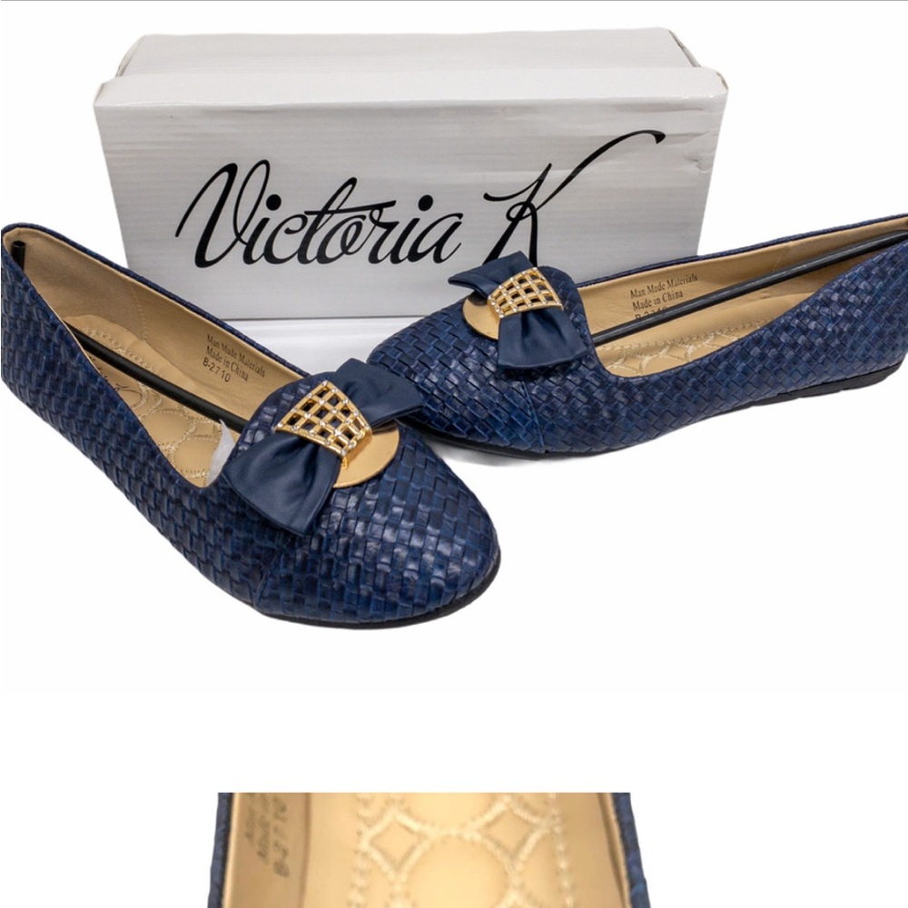 Victoria K Navy Blue Gold Bow Accent Ballet Flats 8.5
